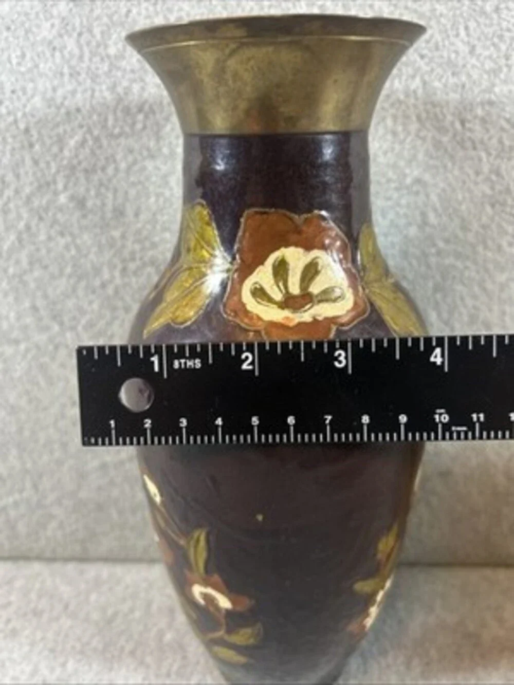 Vintage Brass Vase made in India Brown Floral 10”x 4”